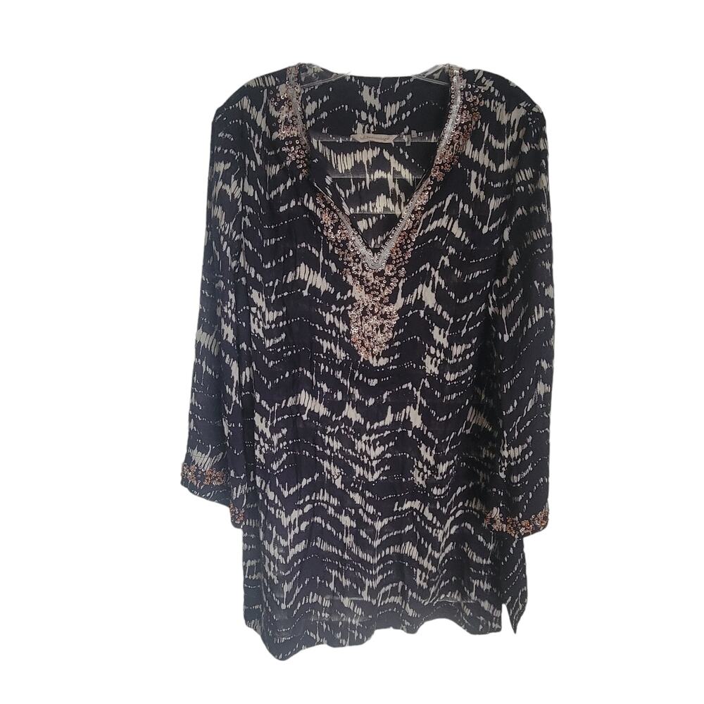 Soft‎ Surroundings Tribal Beaded Whimsigoth Boho Black White Tunic Blouse Party